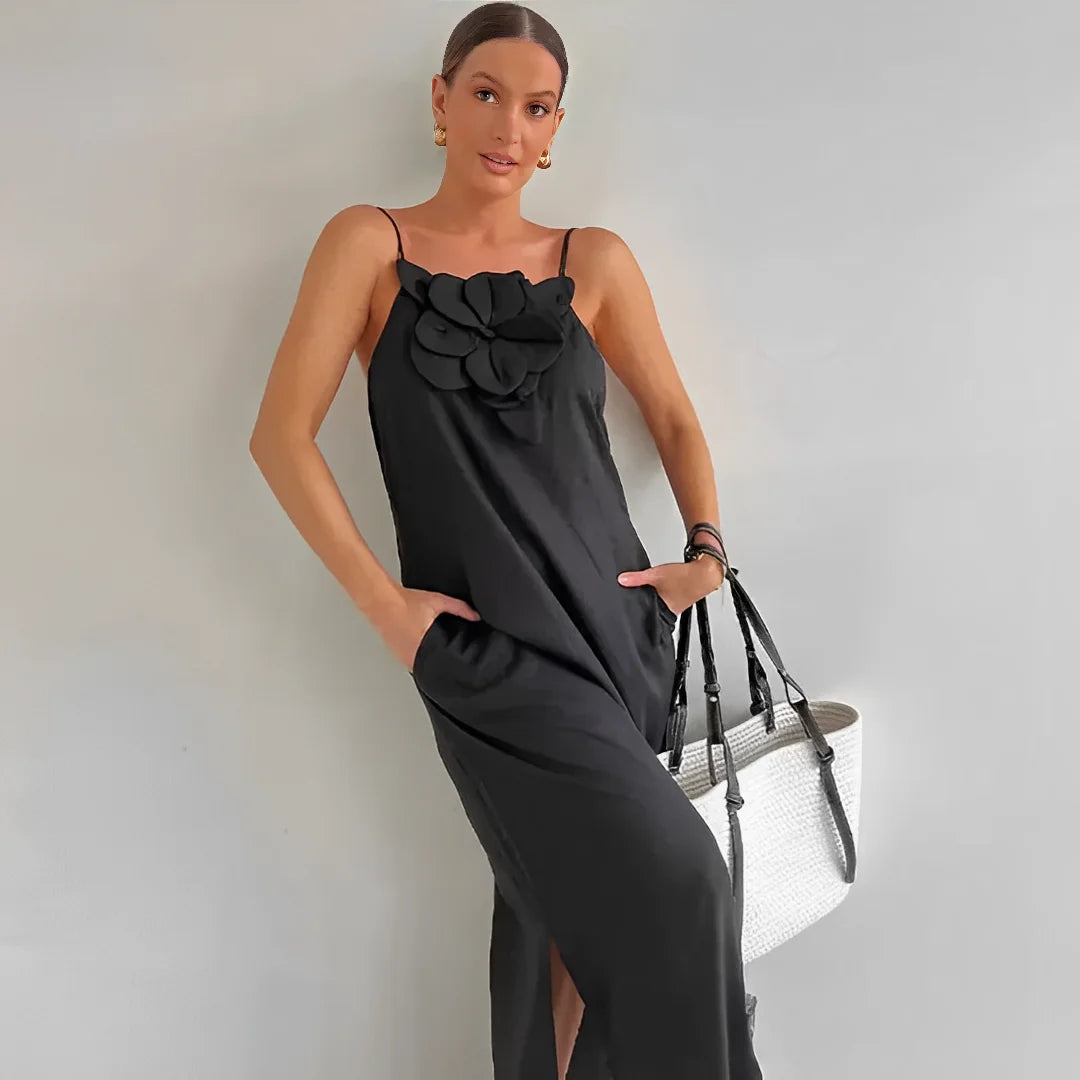 Vestido Midi - Flor de Linho, vestido preto, vestido midi