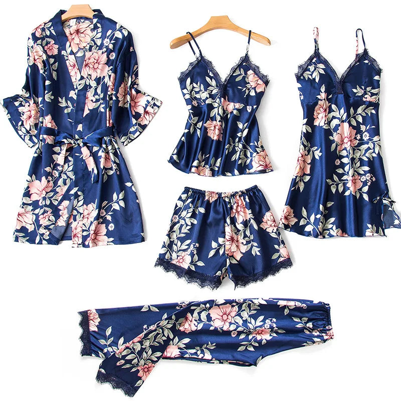Conjunto Pijama 5 Peças em Cetim - Encanto Floral