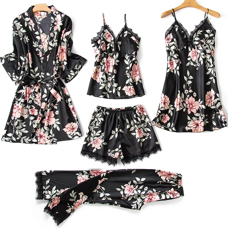 Conjunto Pijama 5 Peças em Cetim - Encanto Floral